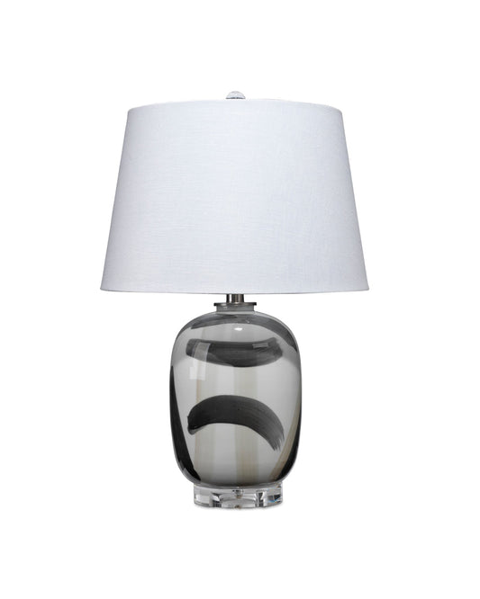 Graphic Table Lamp in Black, Beige & White Ceramic With a Cone Shade in White Linen