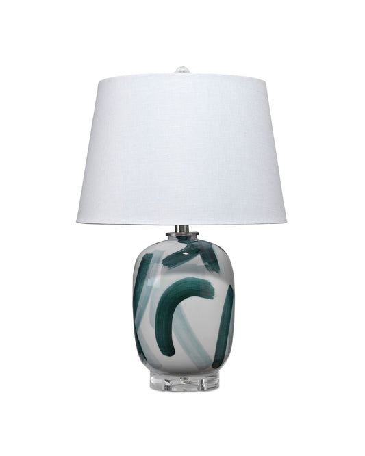 GRAPHIC TABLE LAMP TEAL & WHITE With a Cone Shade in White Linen