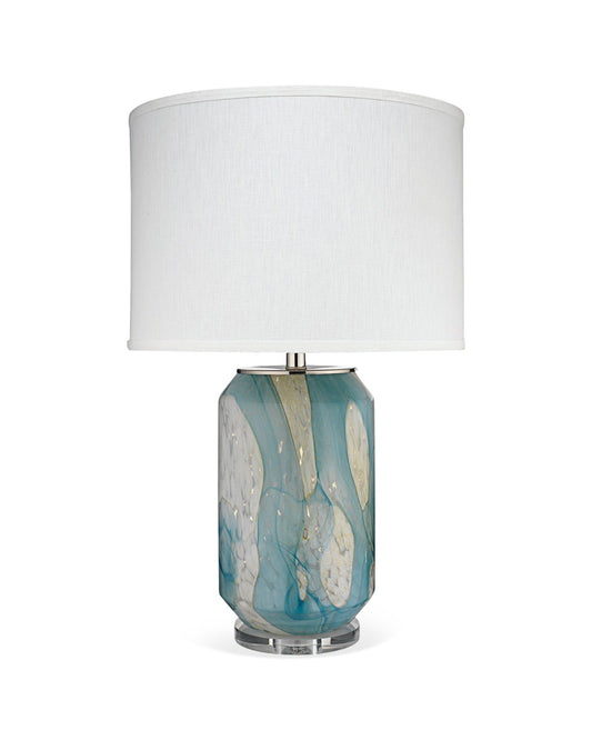 Helen Table Lamp in Pale Blue Glass with Classic Drum Shade in Sea Salt Linen