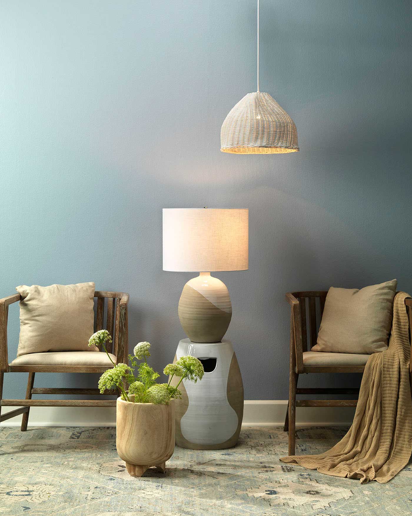 Hillside Table Lamp in White & Natural Ceramic With Drum Shade in Off White Linen