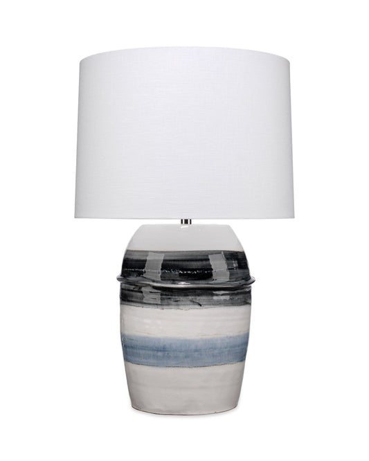 Horizon Striped Table Lamp in Grey, Black & White Ceramic With Tapered Drum Shade in Off White Linen