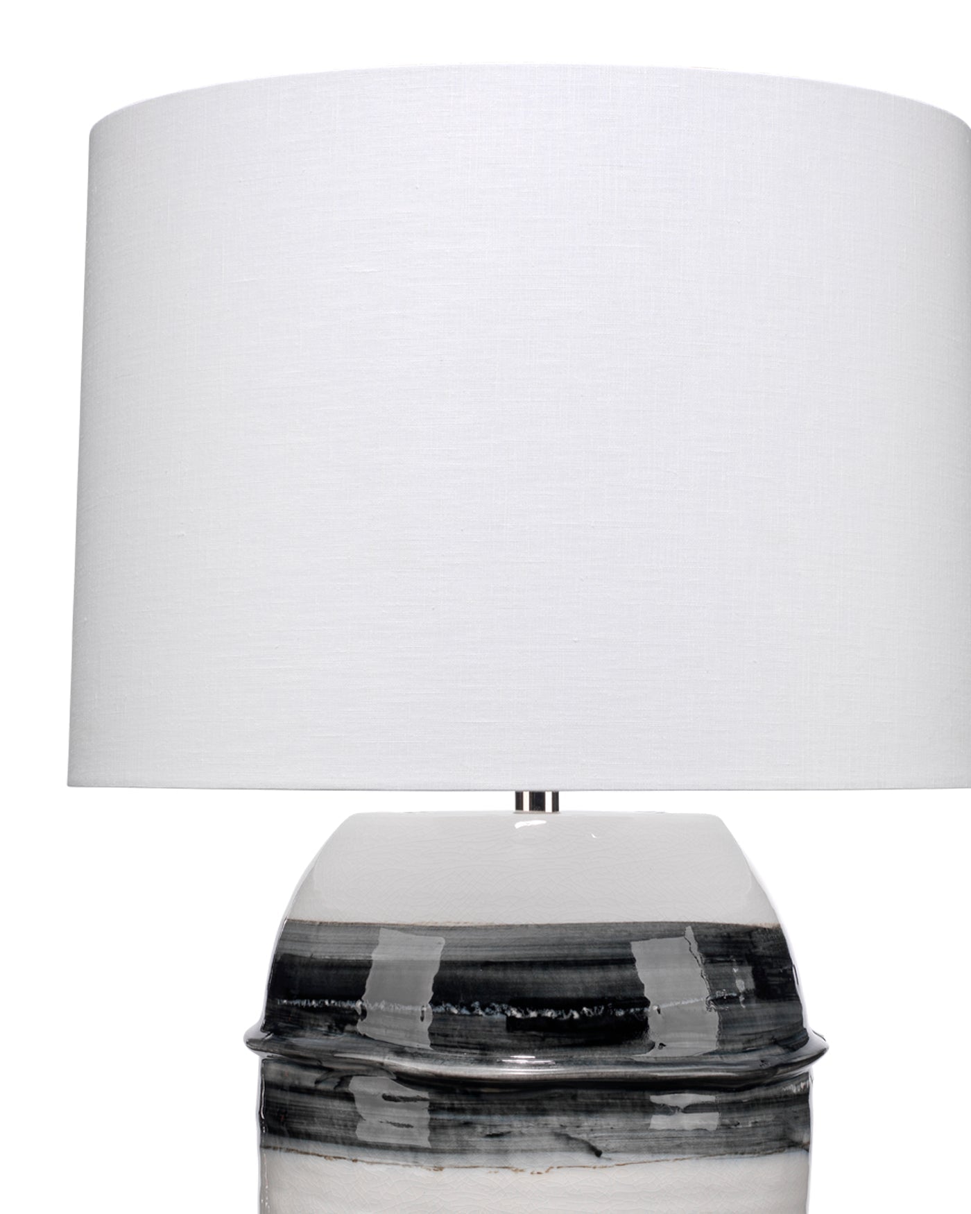 Horizon Striped Table Lamp in Grey, Black & White Ceramic With Tapered Drum Shade in Off White Linen