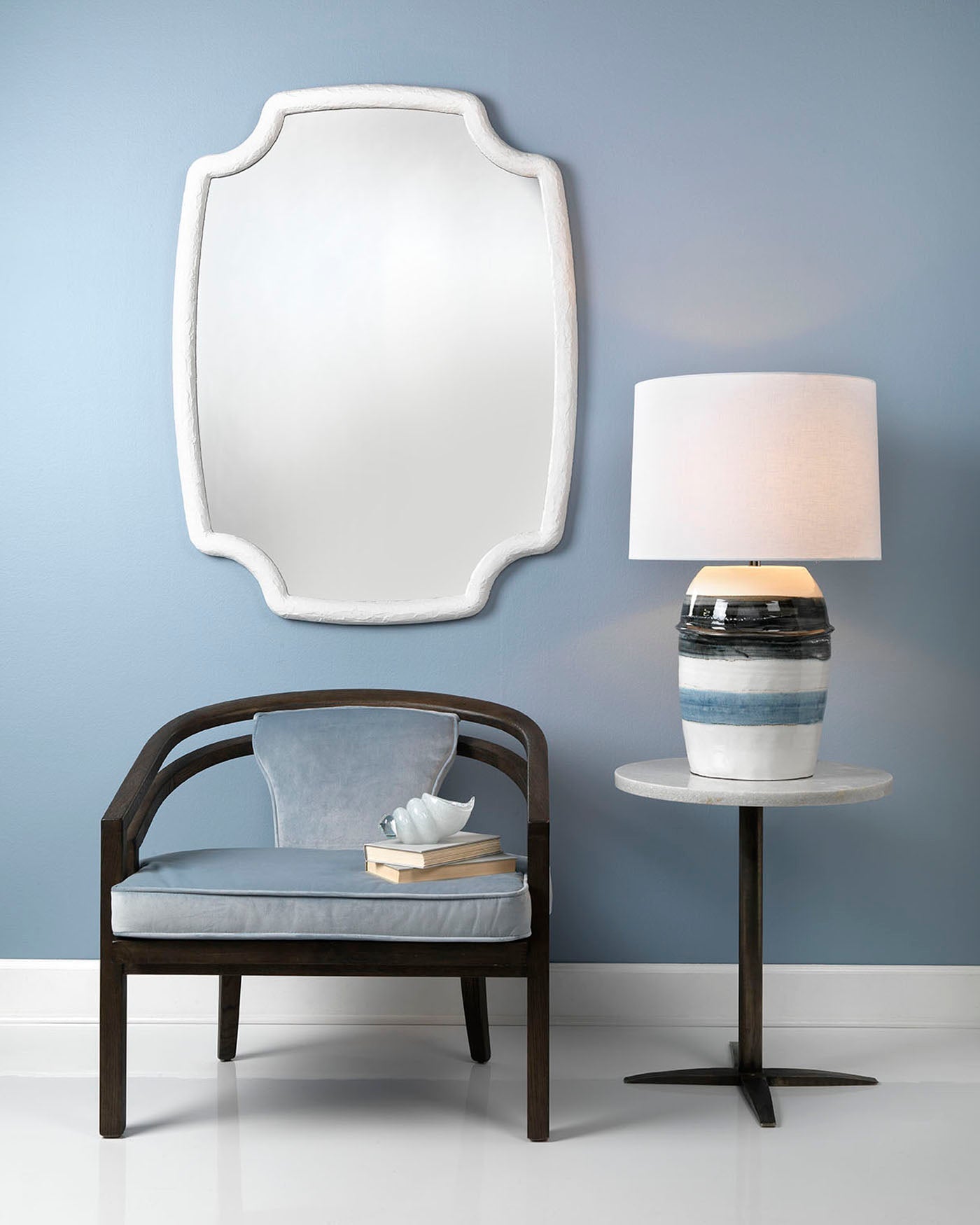 Horizon Striped Table Lamp in Grey, Black & White Ceramic With Tapered Drum Shade in Off White Linen
