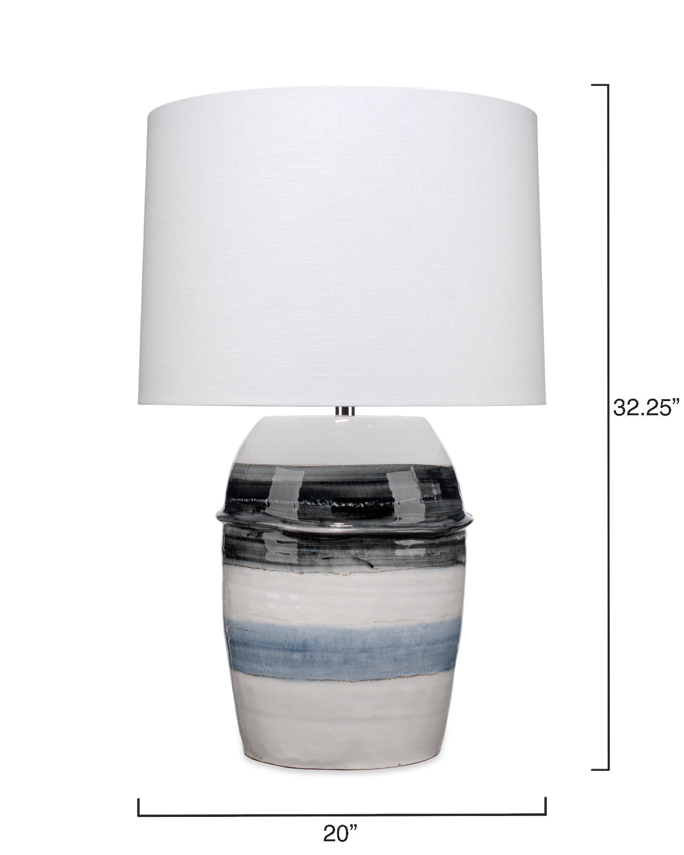 Horizon Striped Table Lamp in Grey, Black & White Ceramic With Tapered Drum Shade in Off White Linen