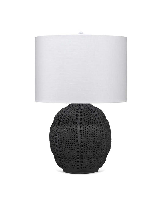 Lunar Table Lamp in Matte Black Porcelain With a Drum Shade in White Linen