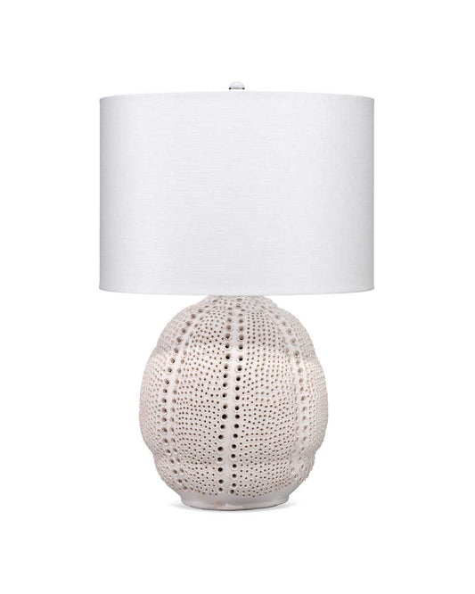 Lunar Table Lamp in Matte White Porcelain With a Drum Shade in White Linen