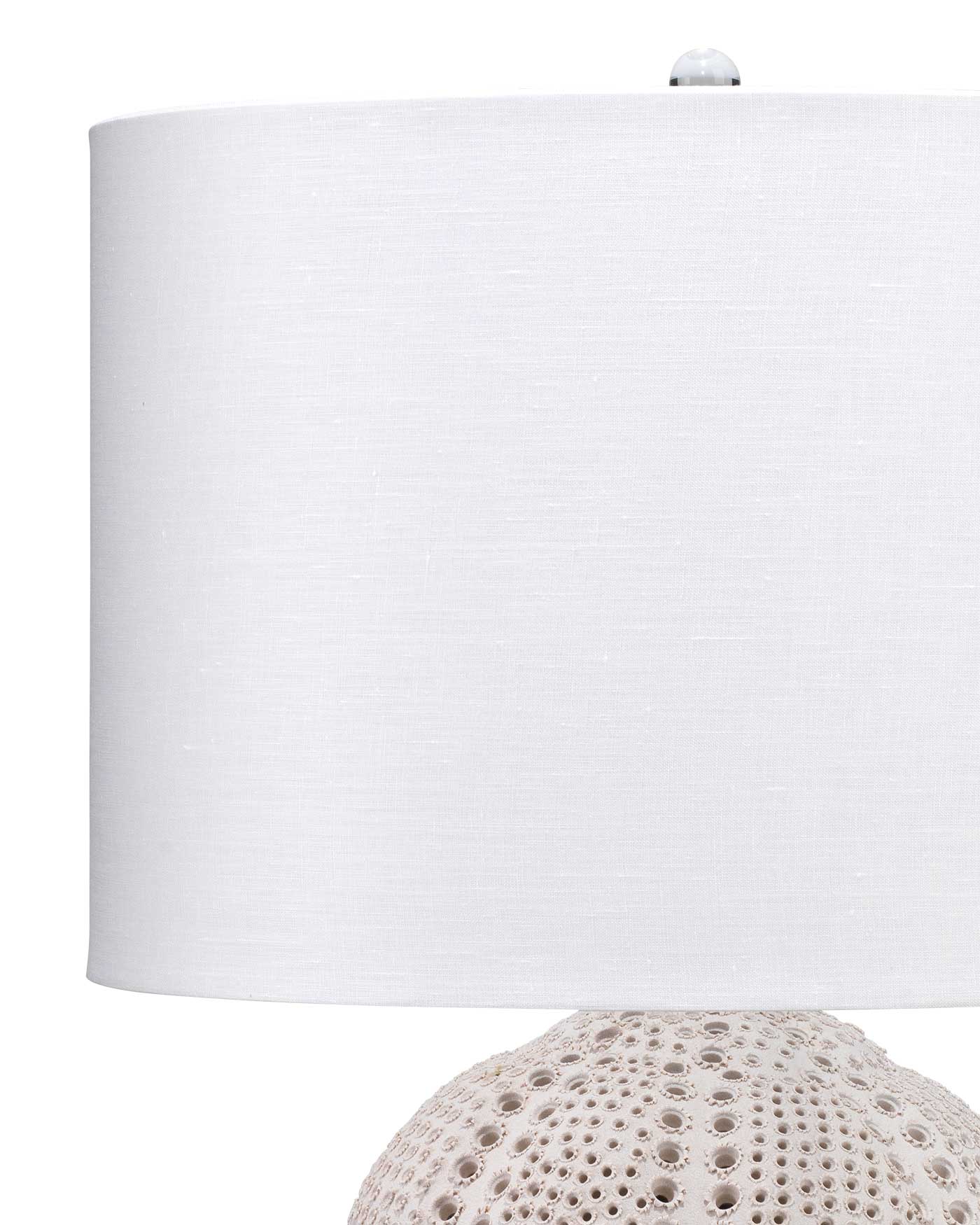 Lunar Table Lamp in Matte White Porcelain With a Drum Shade in White Linen