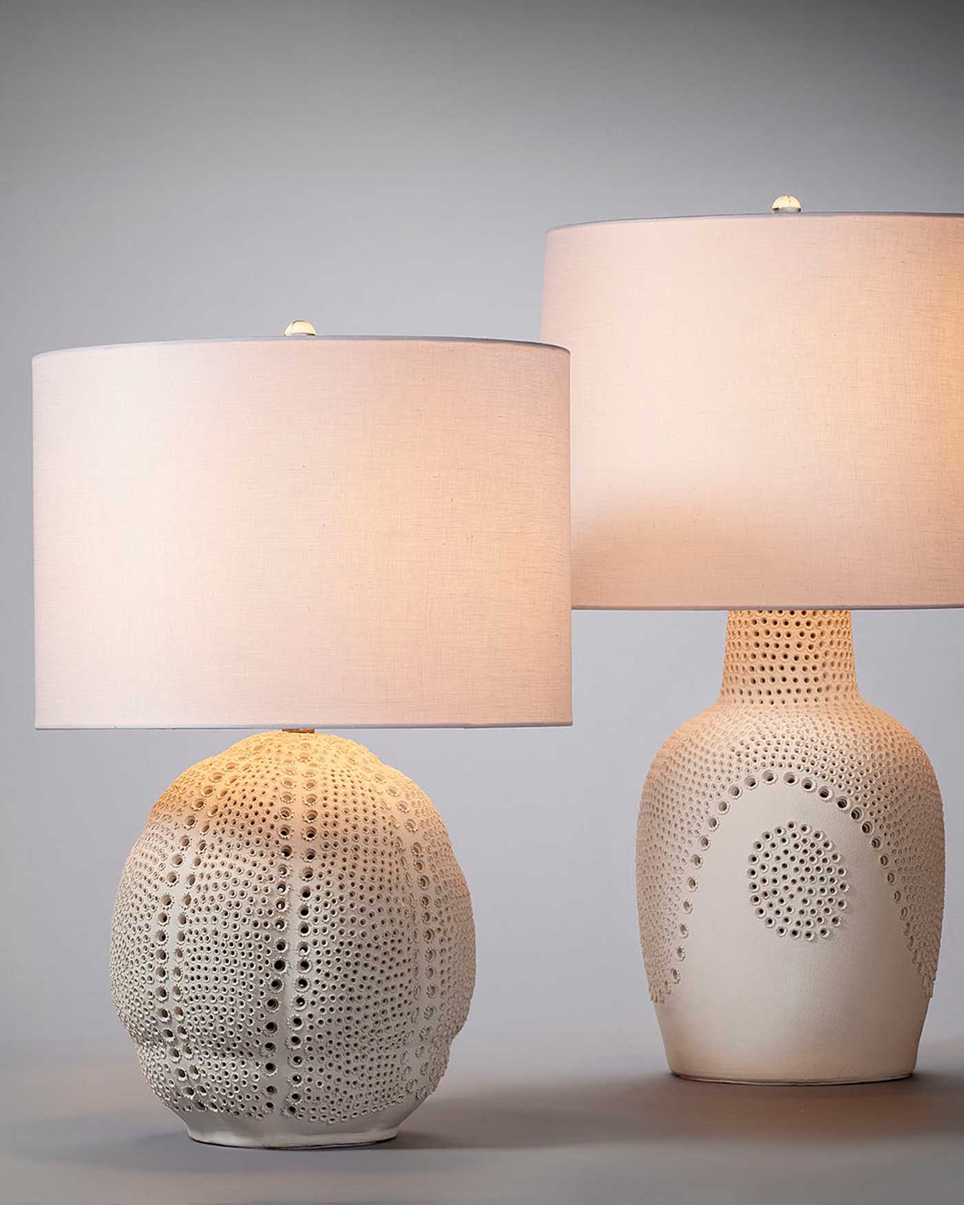 Lunar Table Lamp in Matte White Porcelain With a Drum Shade in White Linen