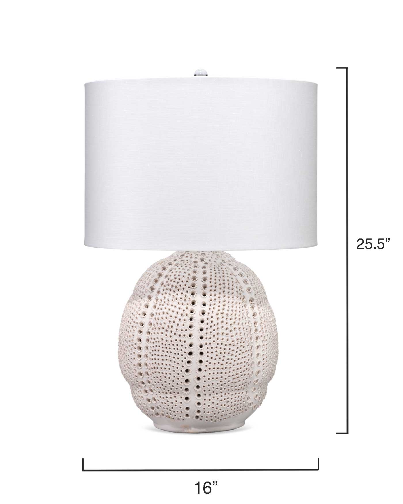 Lunar Table Lamp in Matte White Porcelain With a Drum Shade in White Linen