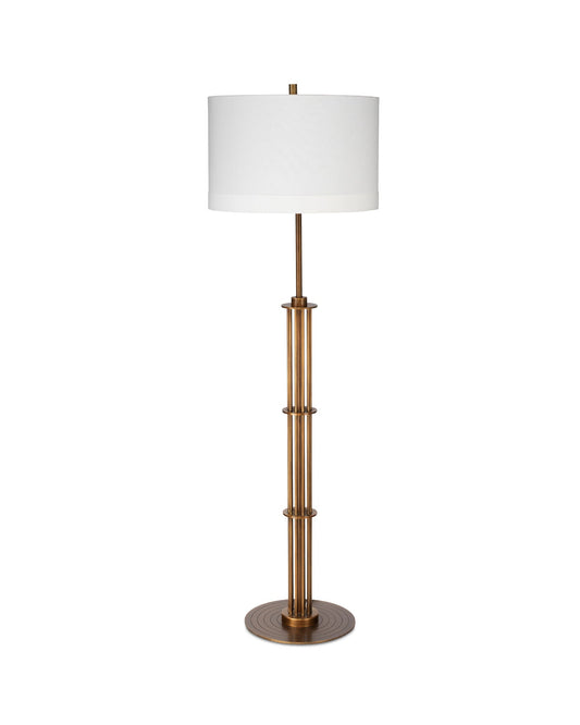 Marcus Floor Lamp in Antique Brass Metal With a Drum Shade in White Linen