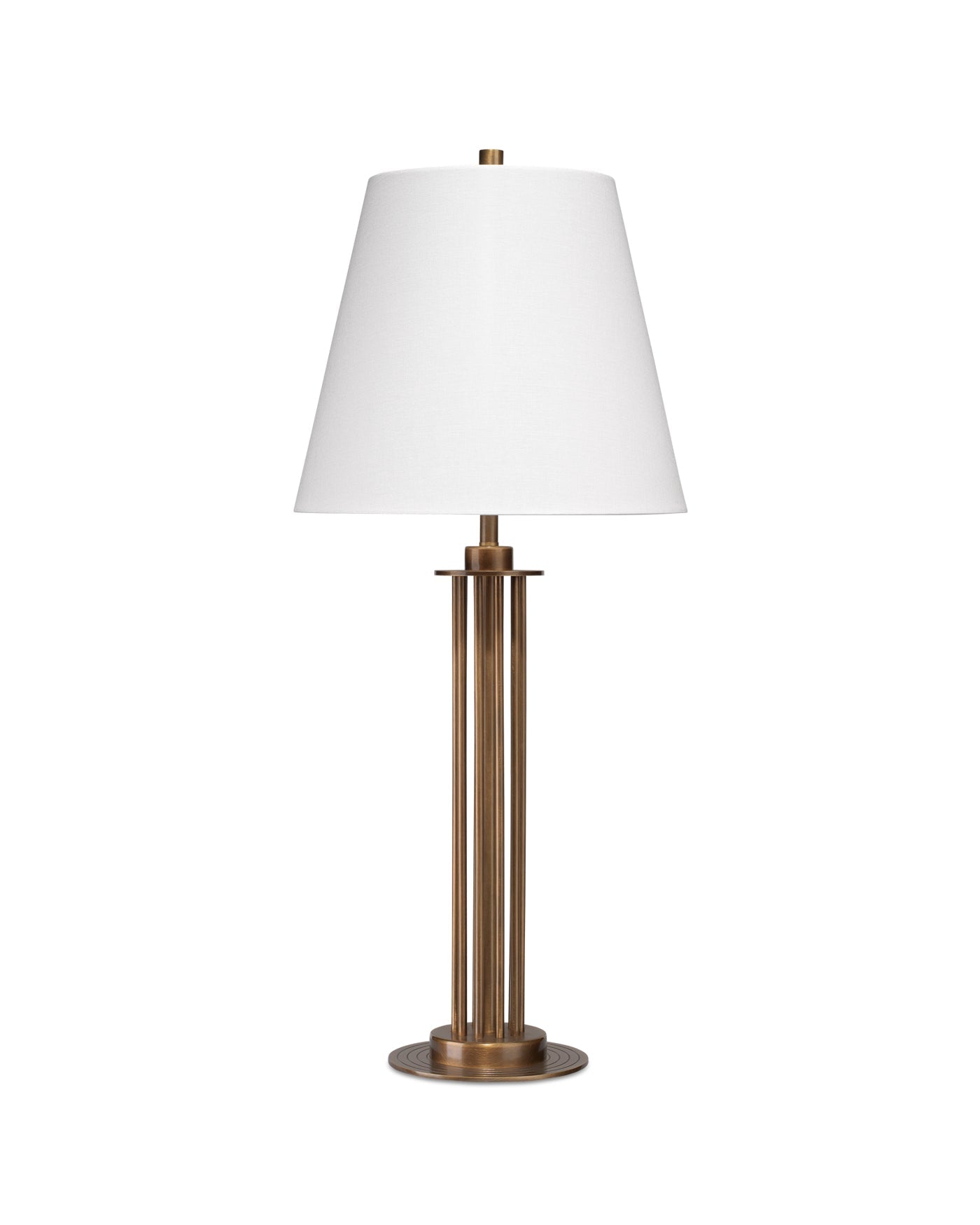 Marcus Table Lamp in Antique Brass Metal With a Cone Shade in White Linen