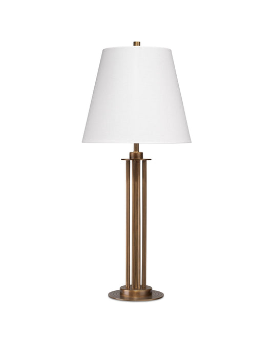 Marcus Table Lamp in Antique Brass Metal With a Cone Shade in White Linen