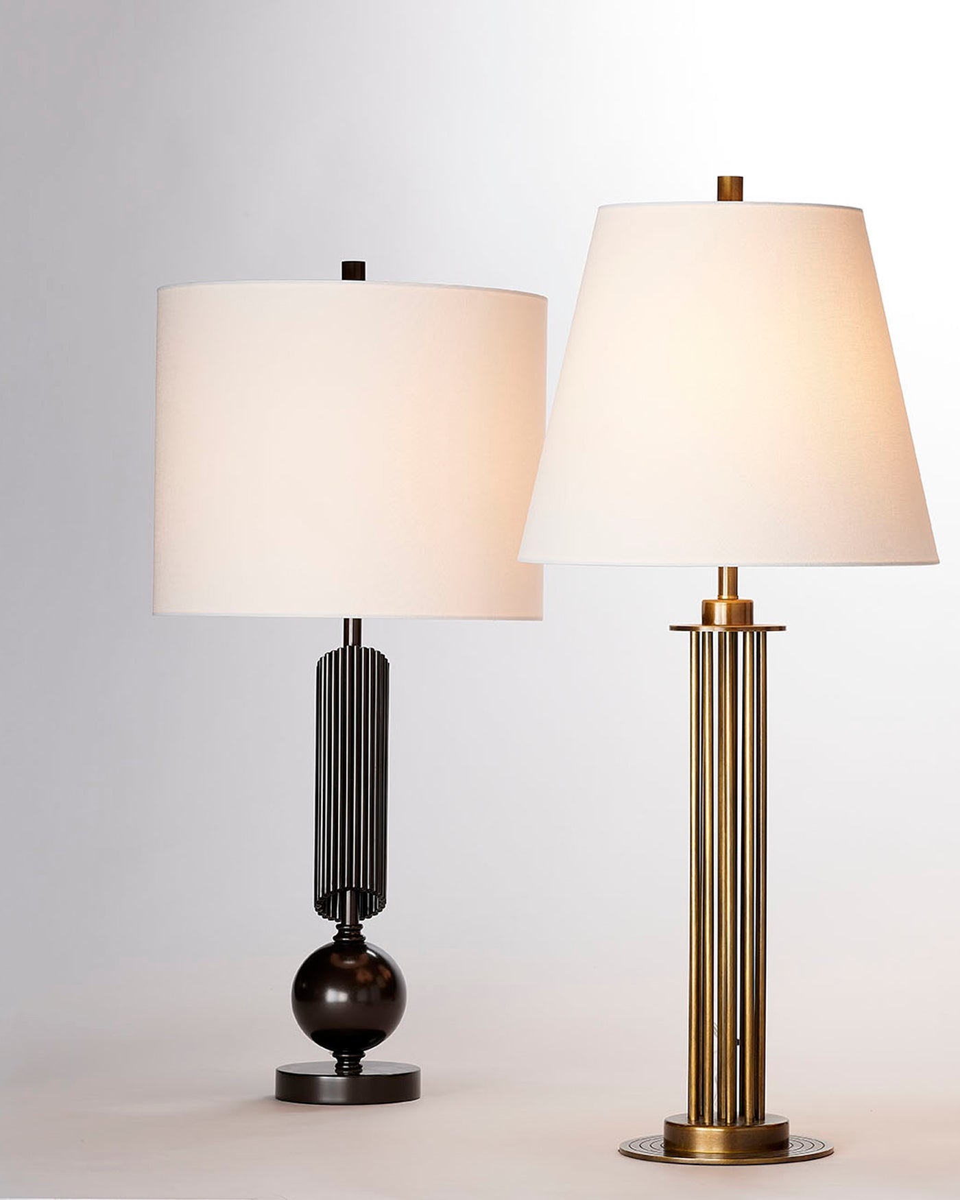 Marcus Table Lamp in Antique Brass Metal With a Cone Shade in White Linen