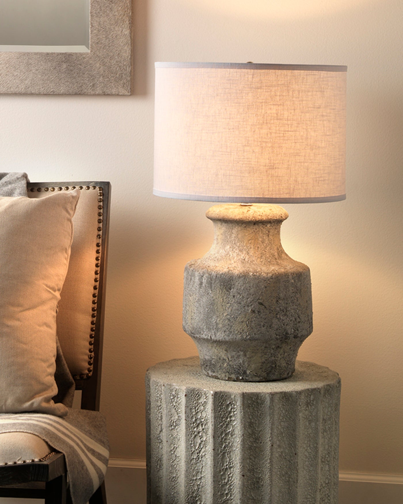 Masonry Table Lamp in Grey Ceramic With Classic Drum Shade in White Linen