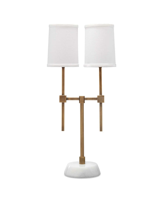 Minerva Twin Shade Console Lamp in Antique Brass & White Marble With Off White Linen Drum Shade