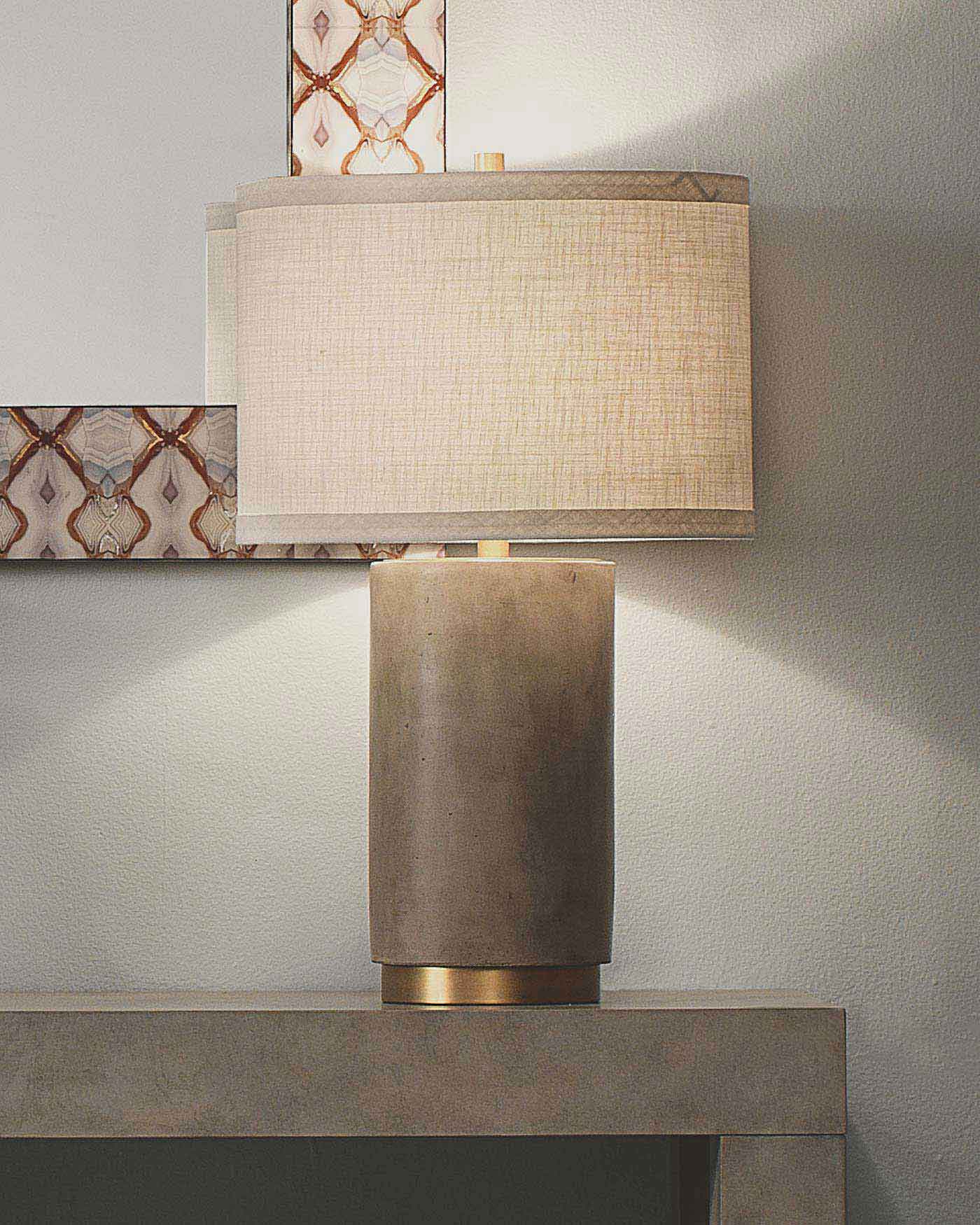 Mortar Table Lamp in Cement & Antique Brass Metal With Drum Shade in Sea Salt Linen