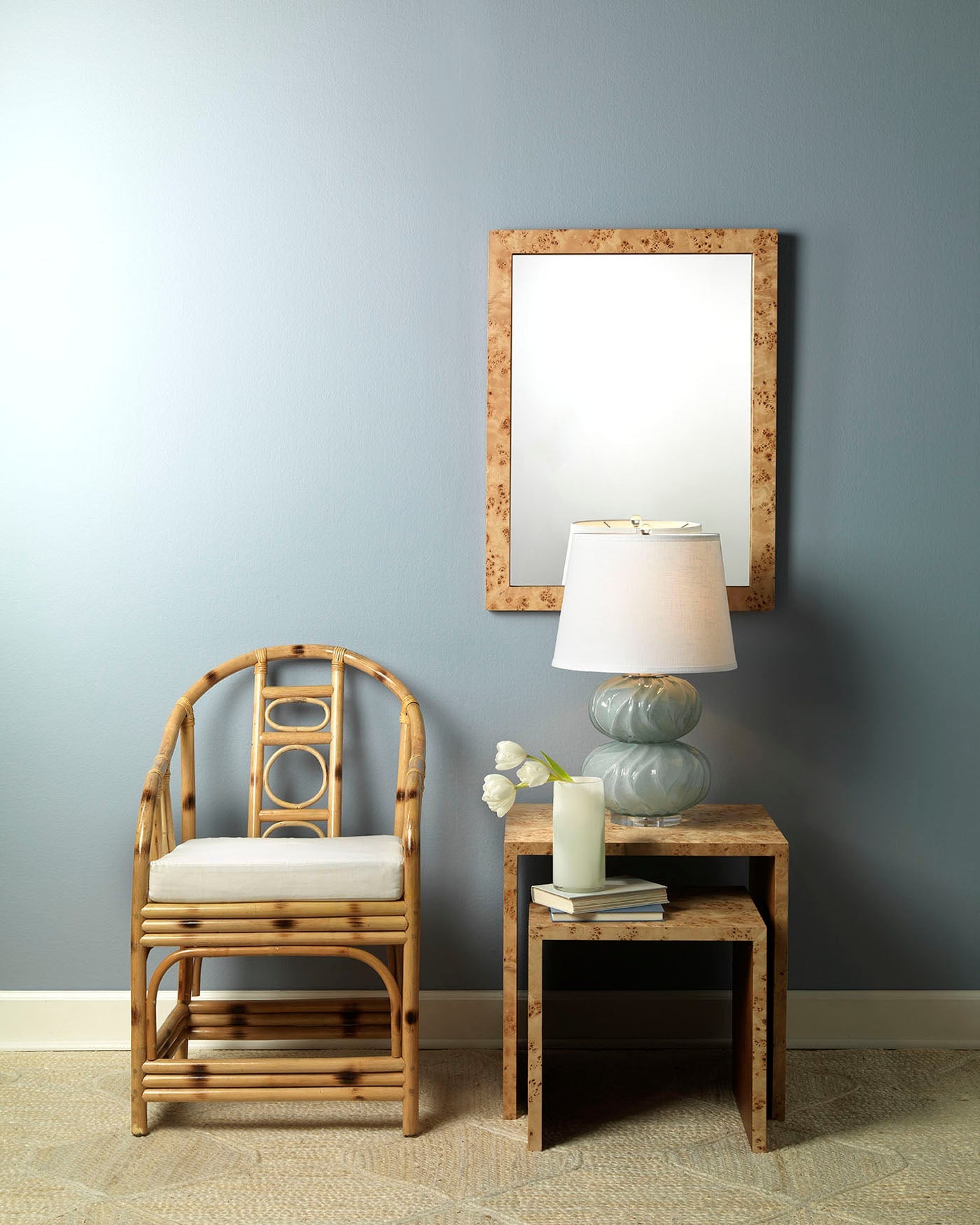 Pricilla Double Gourd Table Lamp in Cornflower Blue Glass With Cone Shade in White Linen