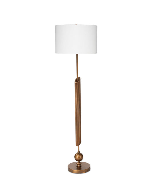 Ravel Floor Lamp in Antique Brass Metal With a Drum Shade in White Linen