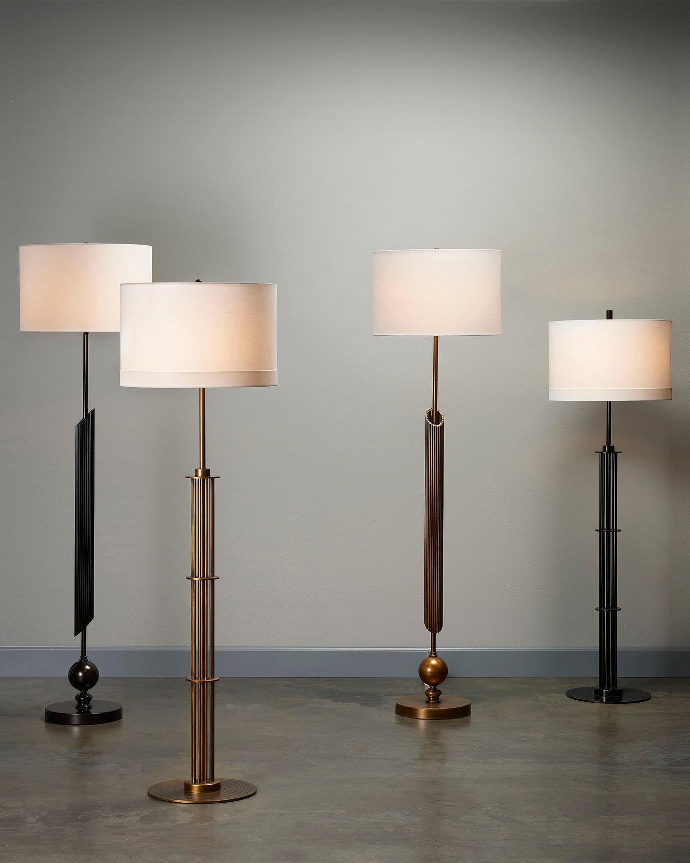 Ravel Floor Lamp in Antique Brass Metal With a Drum Shade in White Linen