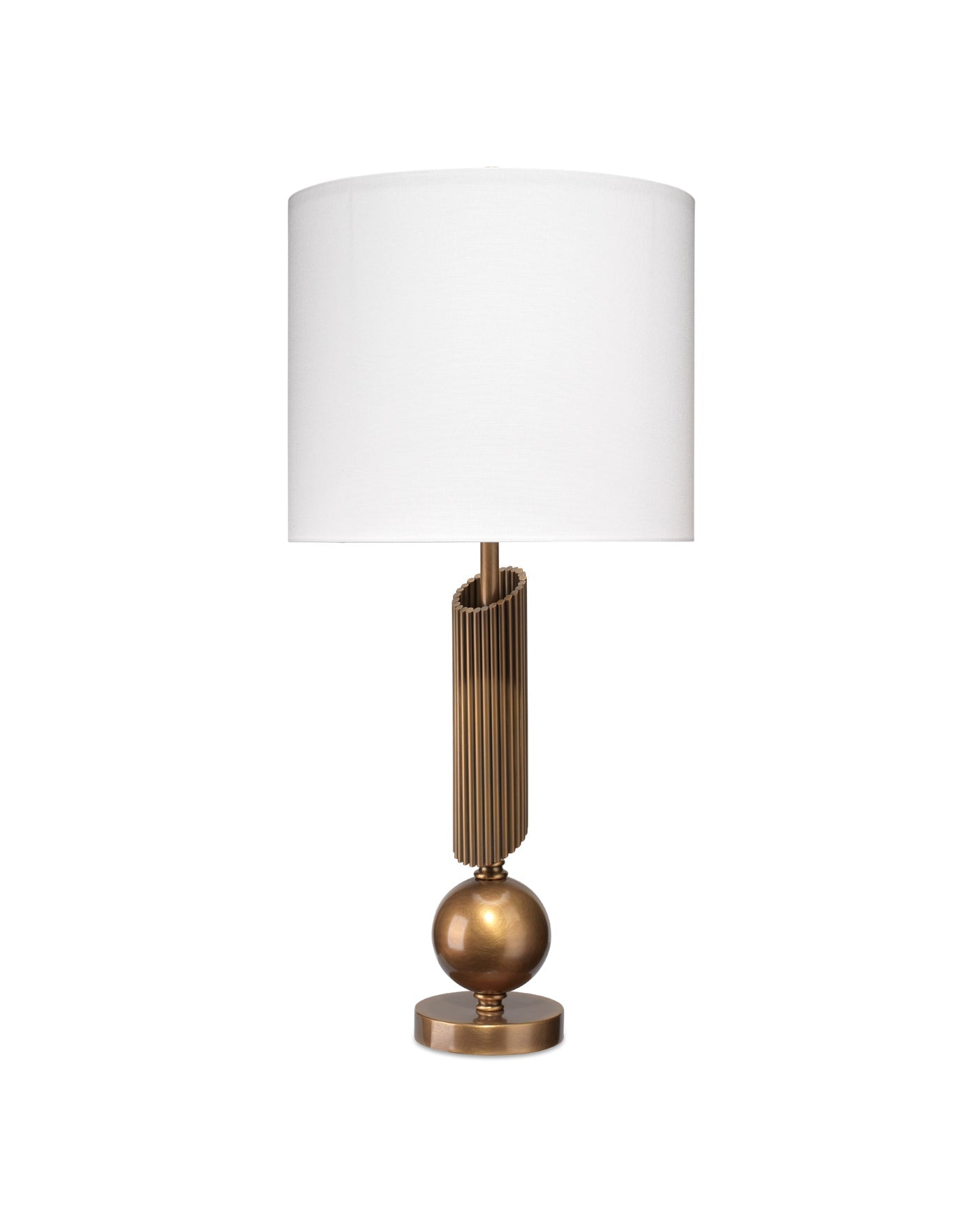 Ravel Table Lamp in Antique Brass Metal With a Drum Shade in White Linen