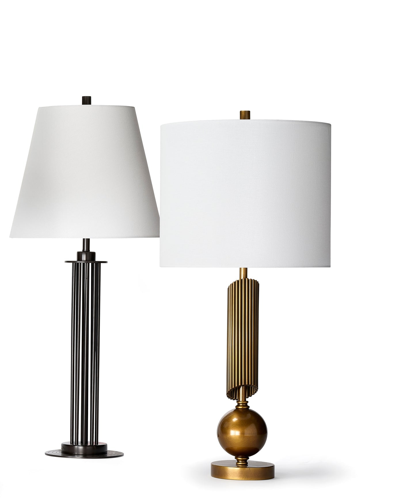 Ravel Table Lamp in Antique Brass Metal With a Drum Shade in White Linen