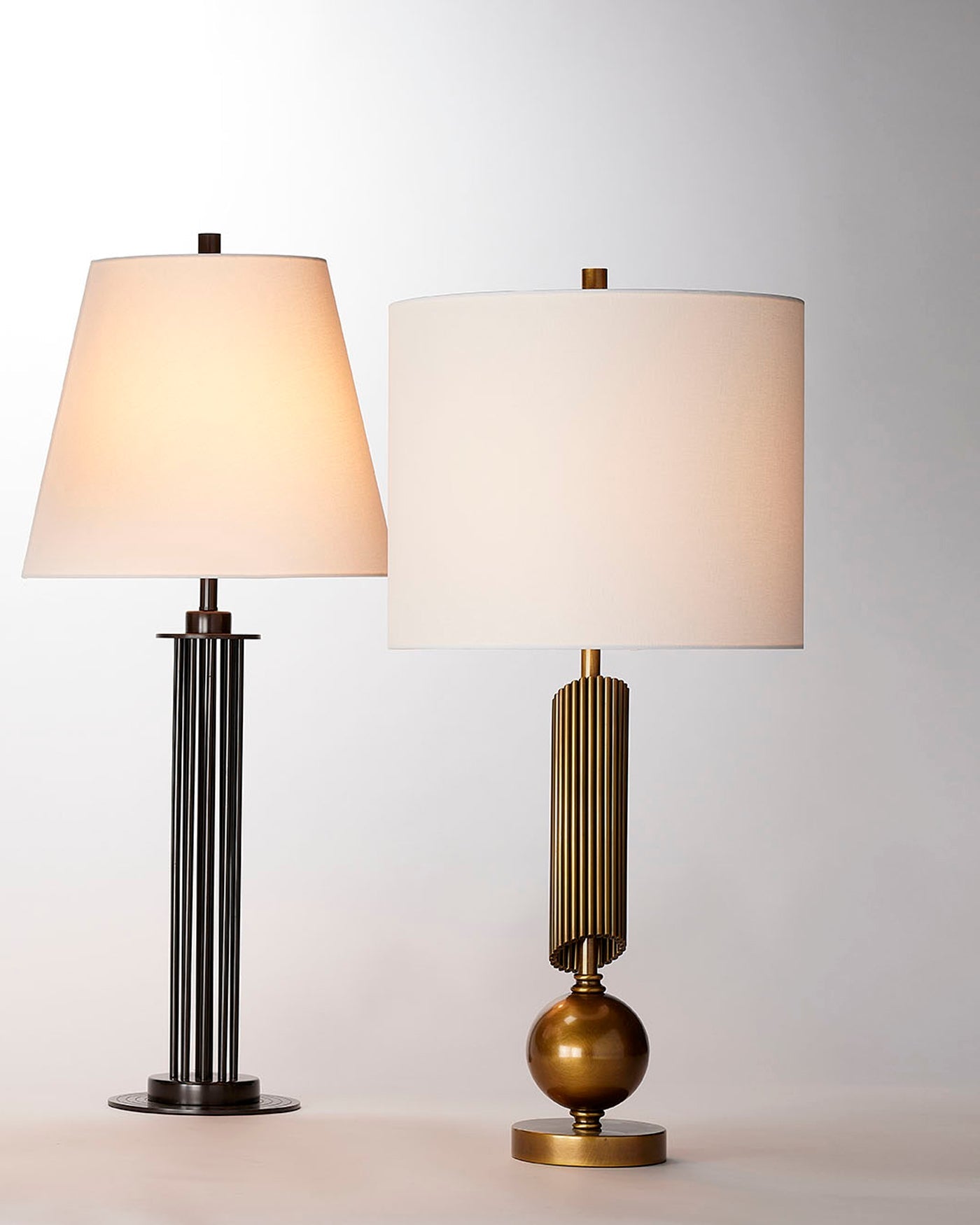 Ravel Table Lamp in Antique Brass Metal With a Drum Shade in White Linen