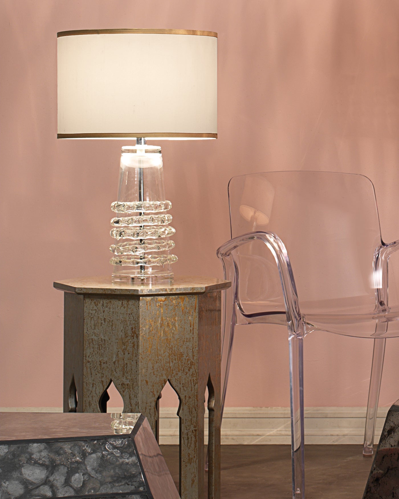 Ribbon Table Lamp in Clear With Small Open Cone Shade in White Linen