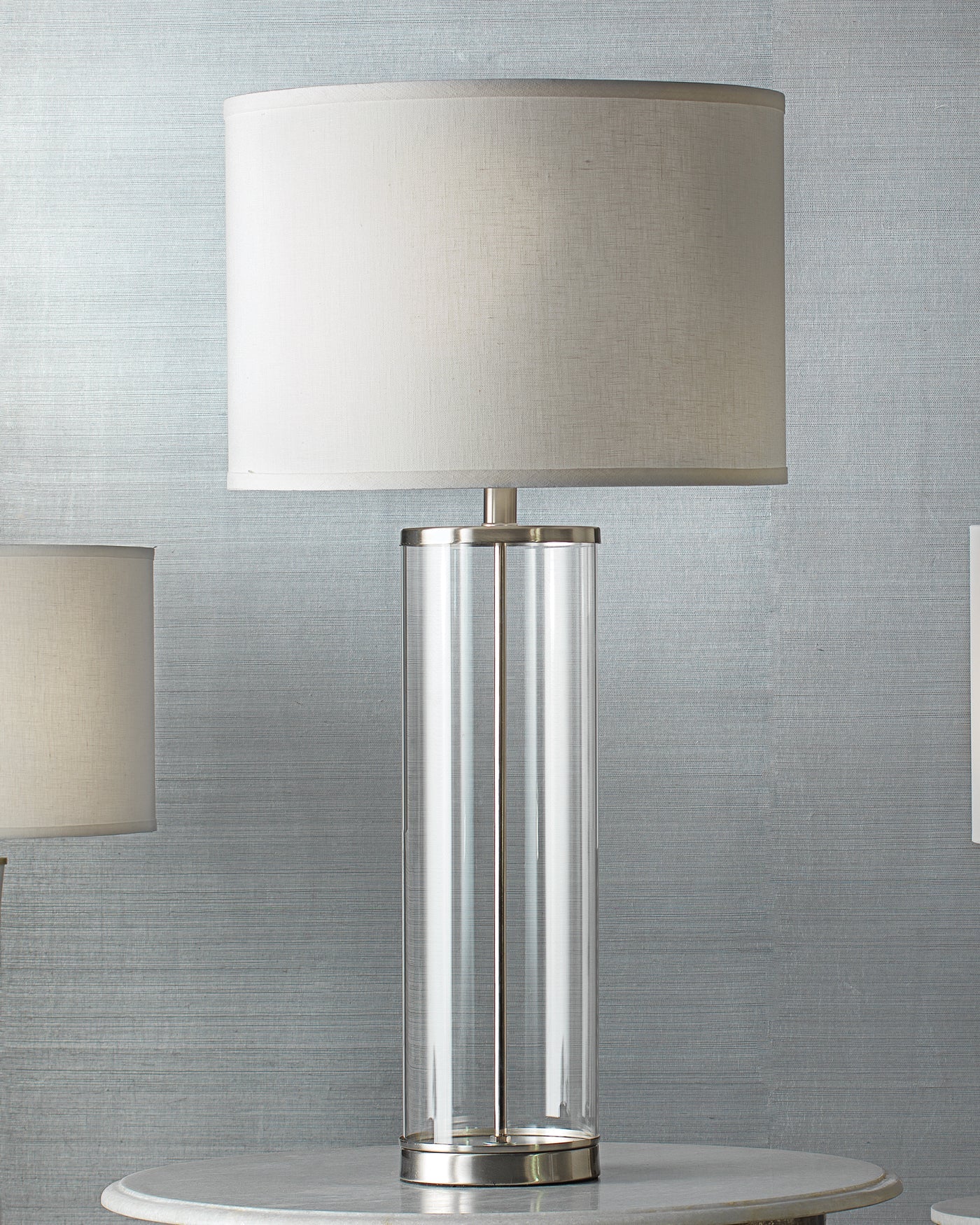 Rockefeller Table Lamp in Nickel With Classic Drum Shade in White Linen