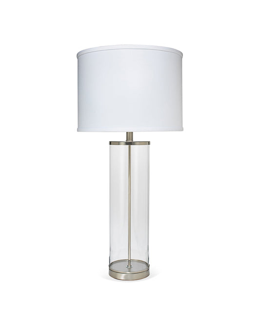Rockefeller Table Lamp in Nickel With Classic Drum Shade in White Linen