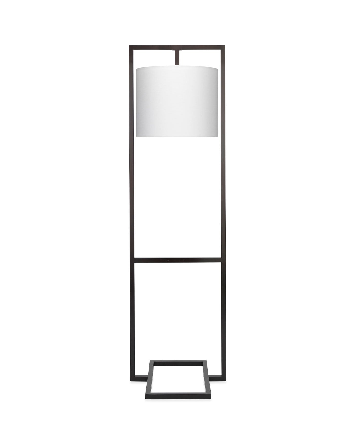 Shogun Floor Lamp in Oil Rubbed Bronze Metal With White Linen Drum Shade With Acrylic Diffuser