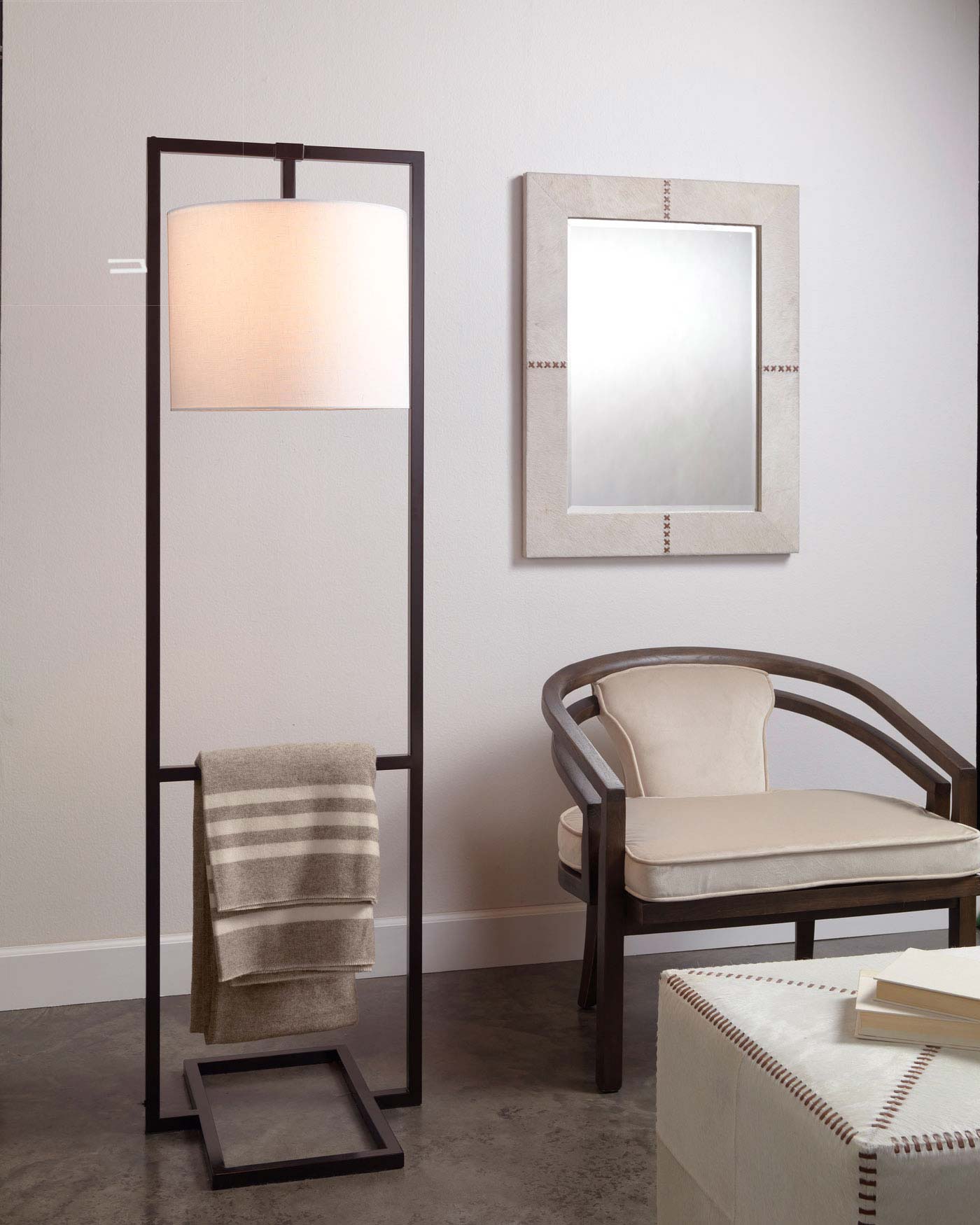 Shogun Floor Lamp in Oil Rubbed Bronze Metal With White Linen Drum Shade With Acrylic Diffuser