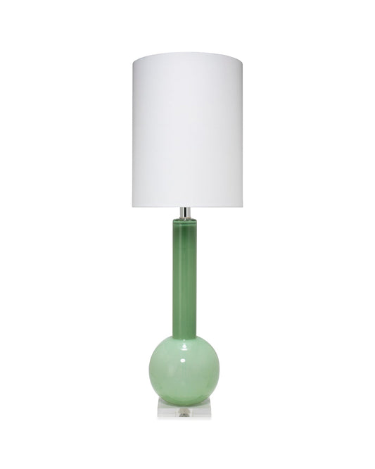 Studio Table Lamp in Leaf Green Glass With Tall Thin Drum Shade in White Linen