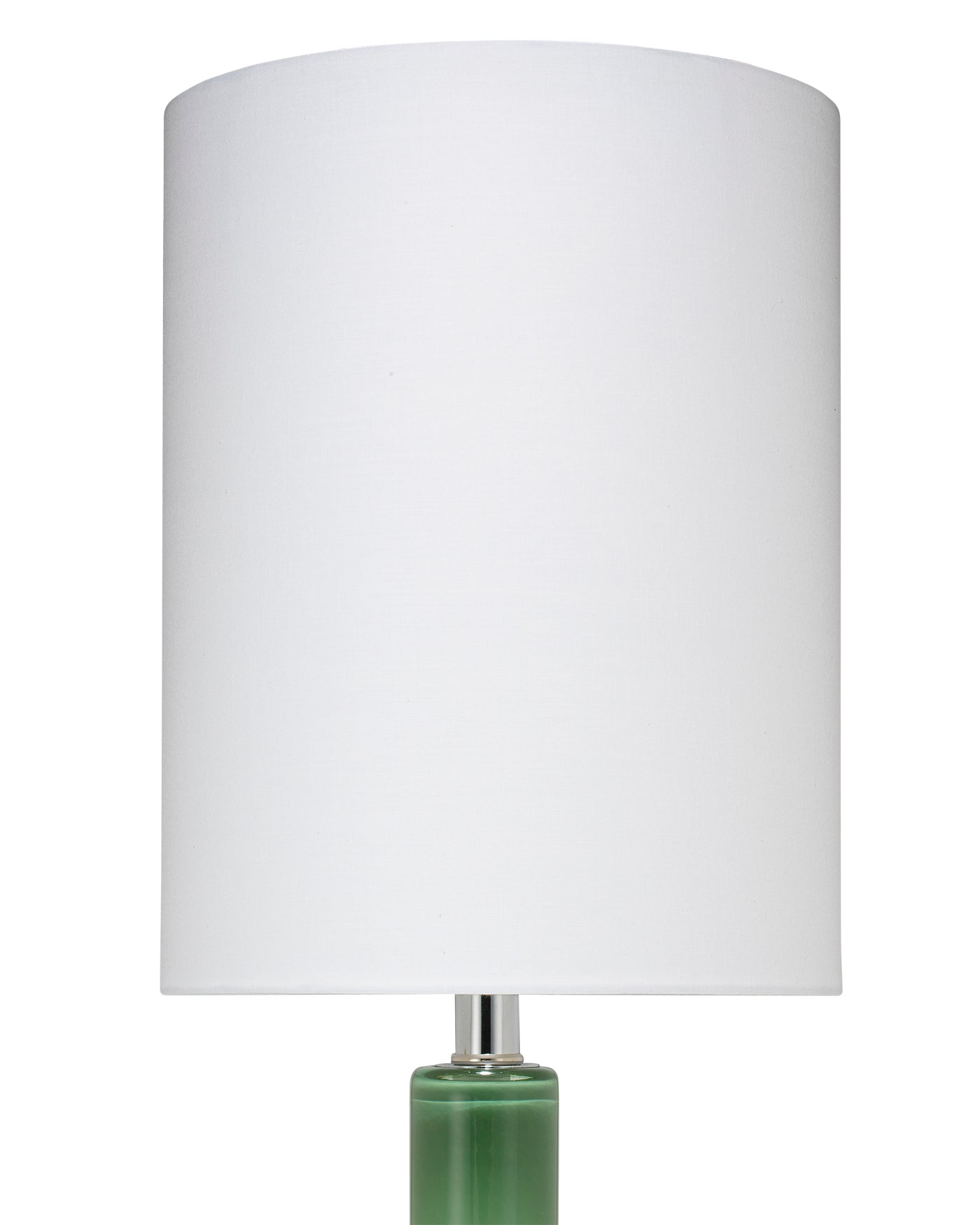 Studio Table Lamp in Leaf Green Glass With Tall Thin Drum Shade in White Linen