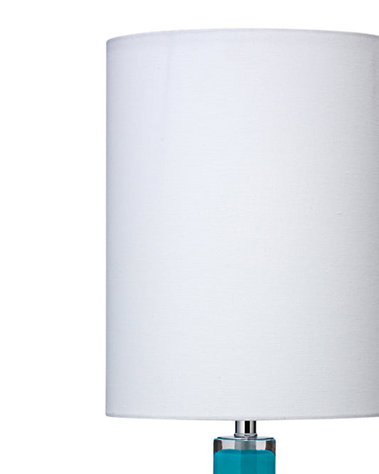 Studio Table Lamp in Blue Glass With Tall Thin Drum Shade in White Linen