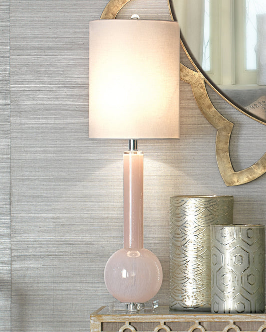 Studio Table Lamp in Petal Pink Glass With Tall Thin Drum Shade in White Linen