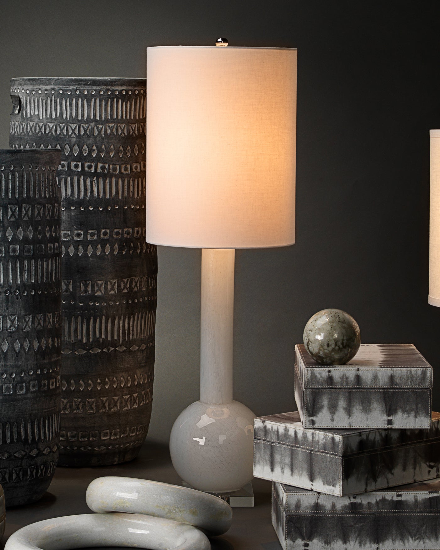 Studio Table Lamp in White With Tall Thin Drum Shade in White Linen