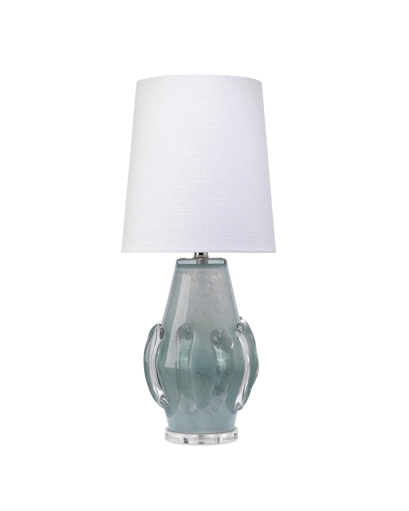 Talon Table Lamp in Blue Glass With White Linen Cone Shade