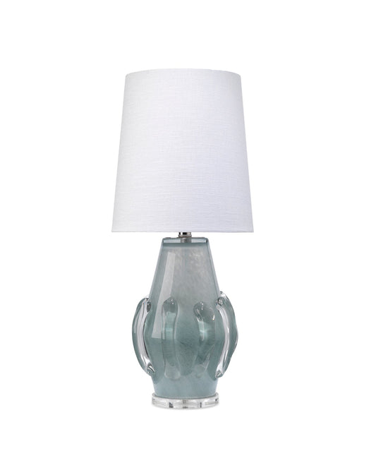 Talon Table Lamp in Blue Glass With White Linen Cone Shade