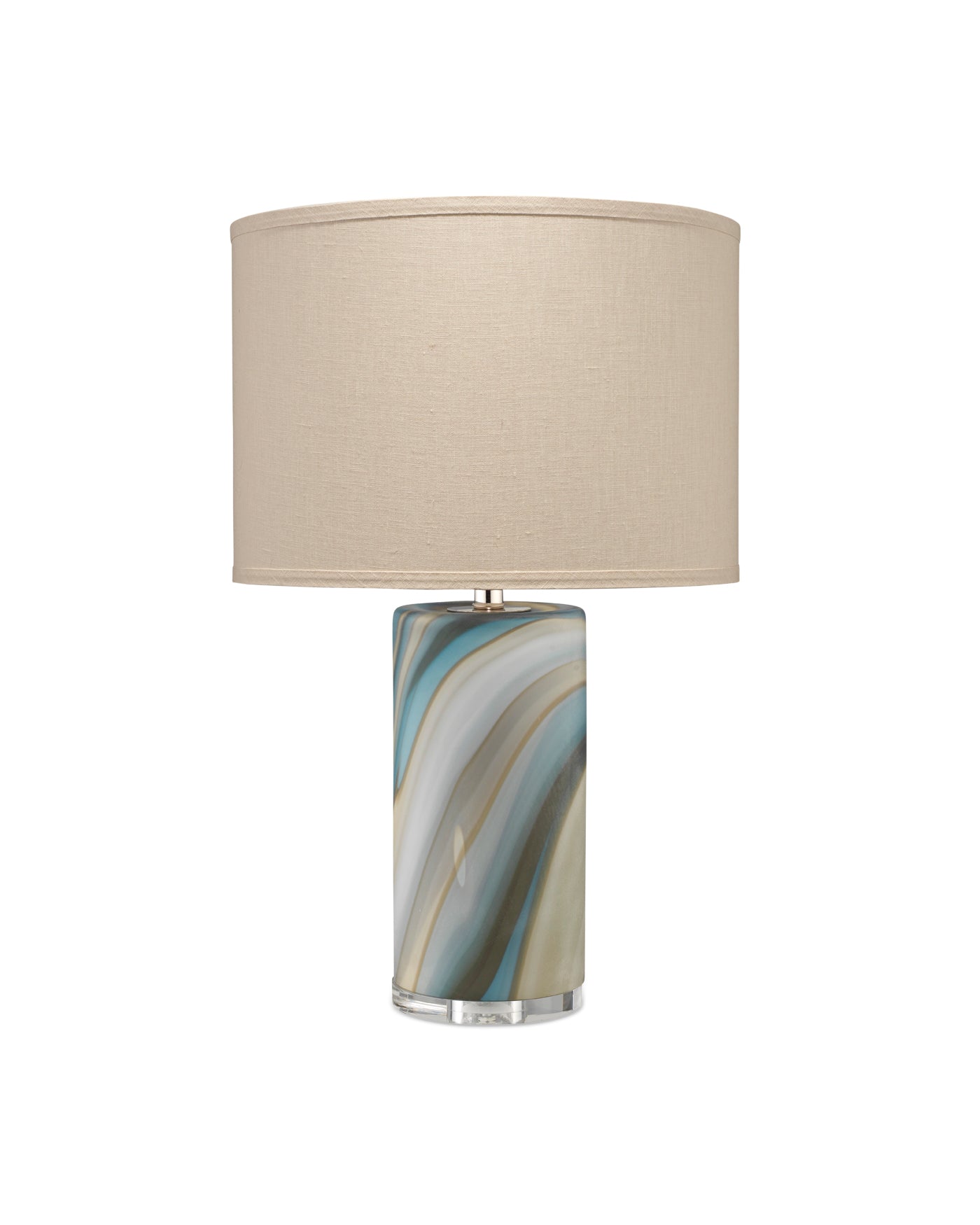 Terrene Table Lamp in Grey/Blue Swirl With Classic Drum Shade in Stone Linen