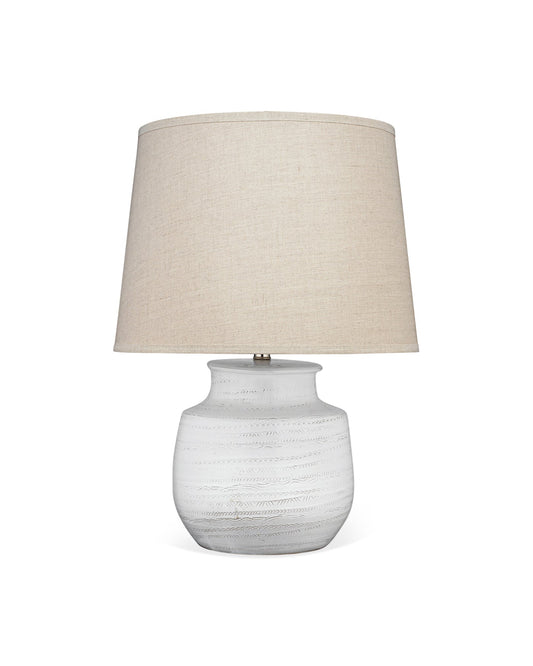 Trace Table Lamp, Wide in White Ceramic with Large Cone Shade in Natural Linen