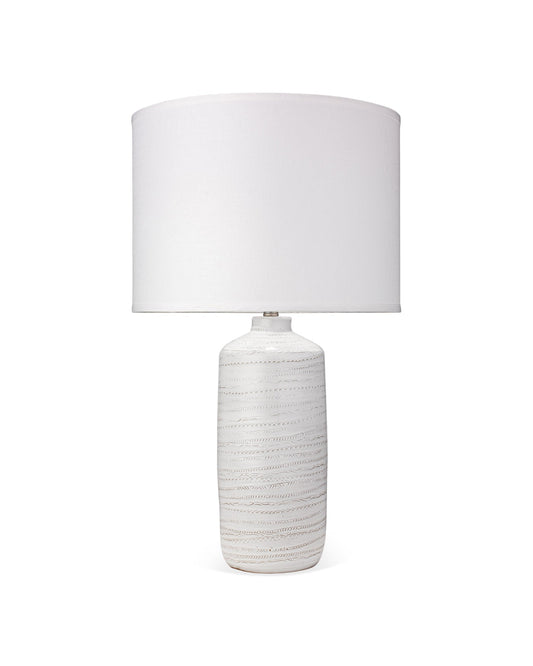 Trace Table Lamp in White Ceramic With Large Drum Shade in White Linen