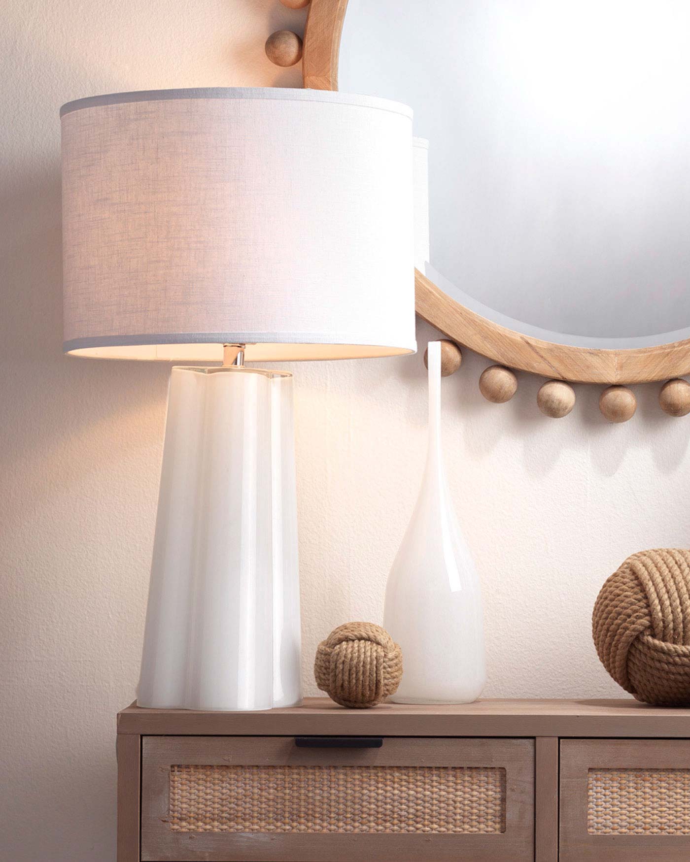 Clover Table Lamp in White Blown Glass With Drum Shade in White Linen