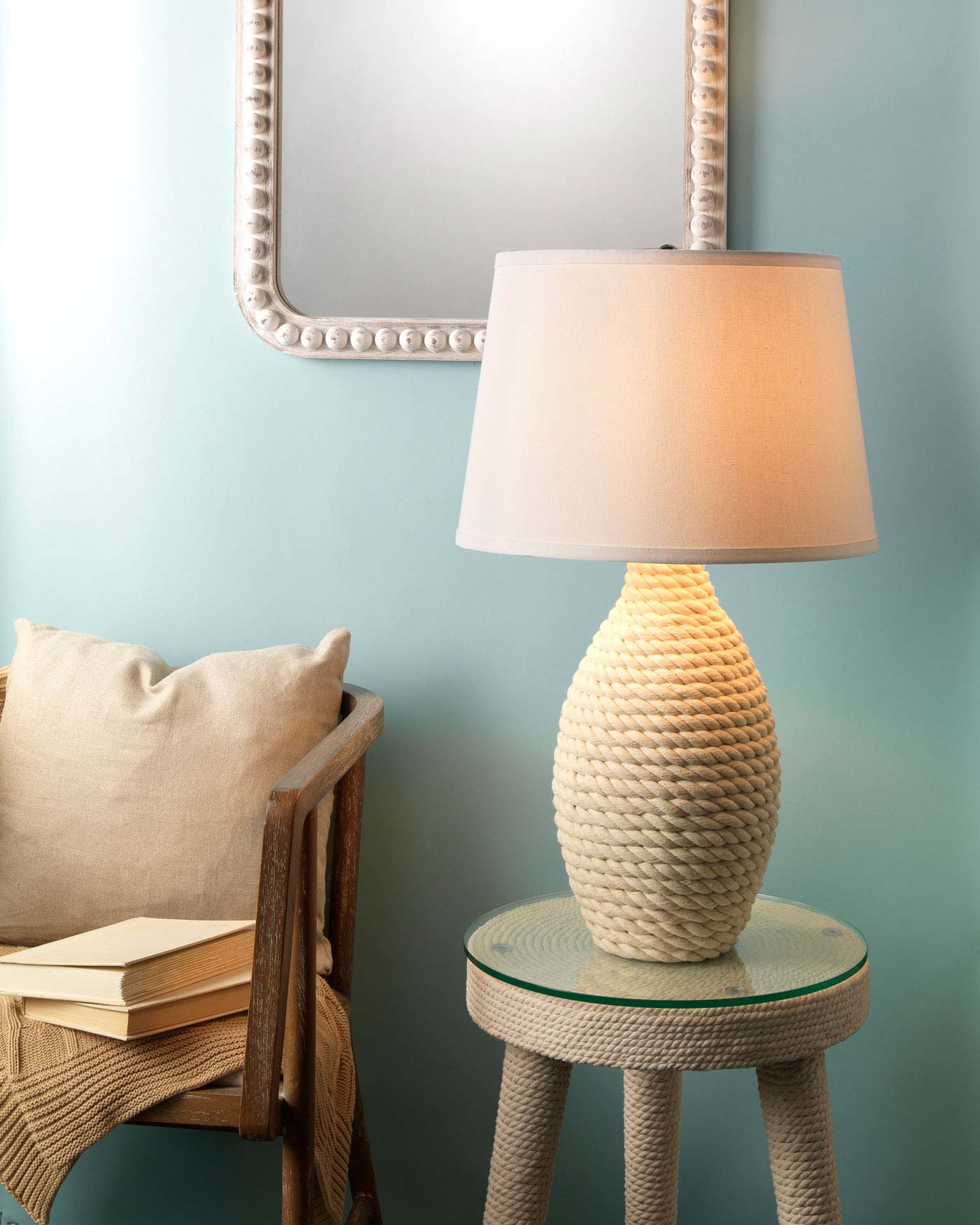 Rope Table Lamp in Off White Rope With Cone Shade in Cream Linen