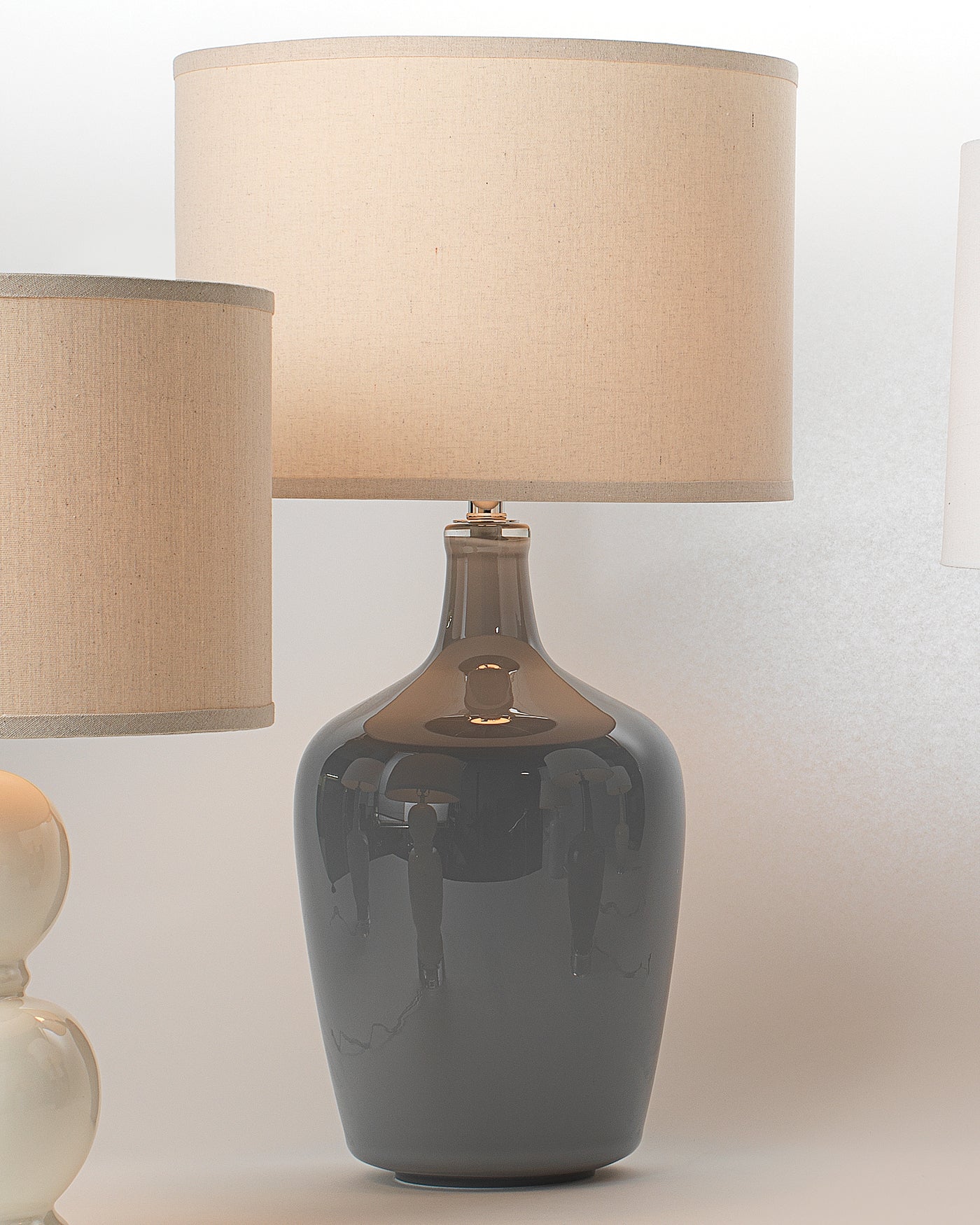 Plum Jar Table Lamp in Dove Grey Glass With Drum Shade in Pebble Linen