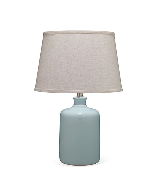 Milk Jug Table Lamp in Light Blue Glass With Cone Shade in Pebble Linen