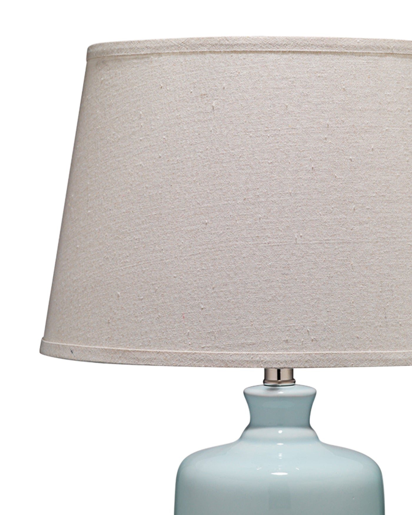 Milk Jug Table Lamp in Light Blue Glass With Cone Shade in Pebble Linen