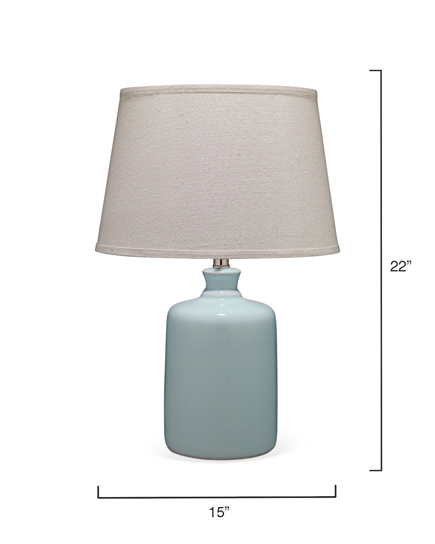 Milk Jug Table Lamp in Light Blue Glass With Cone Shade in Pebble Linen