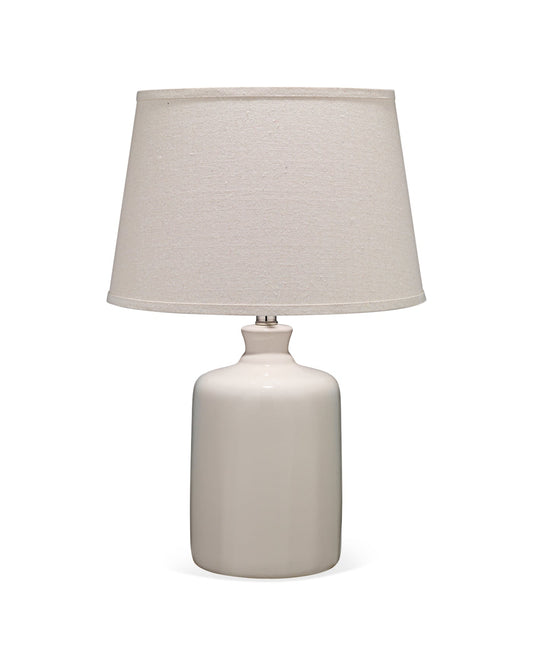 Milk Jug Table Lamp in Cream Glass With Cone Shade in Pebble Linen