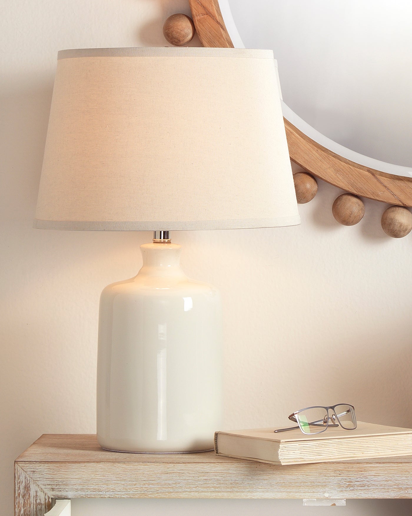 Milk Jug Table Lamp in Cream Glass With Cone Shade in Pebble Linen