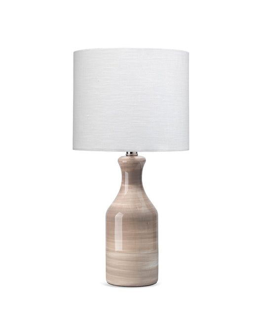 Bungalow Table Lamp in Cream & Dark Taupe Swirl Ceramic With White Linen Drum Shade
